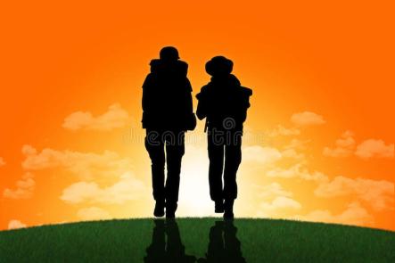 couple-backpackers-walking-top-hill-sunset-silhouettes-two-man-woman-together-towards-31204305